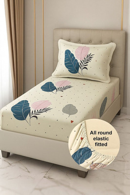 Hss fab Cotton Blend Single Fitted (Elastic) 210 TC Floral Bedsheet(Pack of 1, Cream)