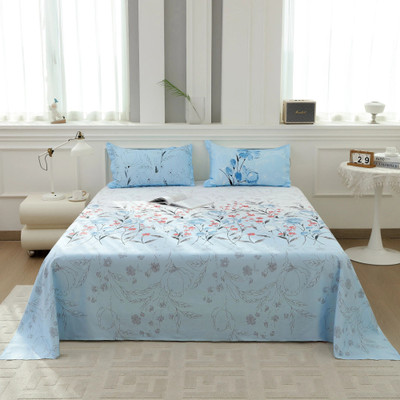 Story@home Cotton King Flat 240 TC Printed Bedsheet(Pack of 1, Sky Blue & White)