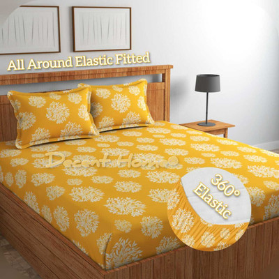 Decent Home 240 TC Cotton Double Floral Fitted (Elastic) Bedsheet(Pack of 1, Fitted Yellow)