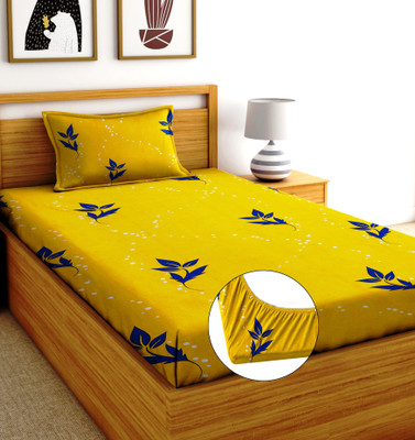 Shruvis Ekart 240 TC Cotton Single Printed Fitted (Elastic) Bedsheet(Pack of 1, Yellow, Blue)