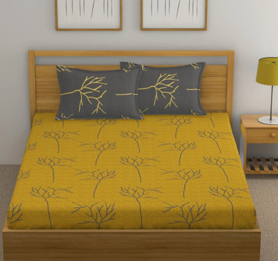 Huesland Cotton Double Flat 144 TC Floral Bedsheet(Pack of 1, Yellow and Grey)