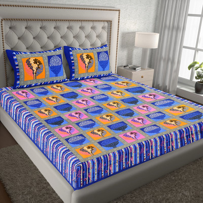 BharatLinen Cotton Double Flat 144 TC Jaipuri Prints Bedsheet(Pack of 1, Blue)