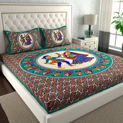 COZYKO 144 TC Cotton Double Jaipuri Prints Flat Bedsheet(Pack of 1, Green)