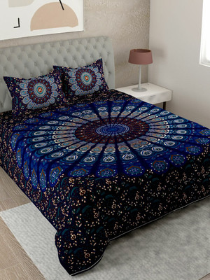 UNIQCHOICE 144 TC Cotton King Jaipuri Prints Flat Bedsheet(Pack of 1, Blue)
