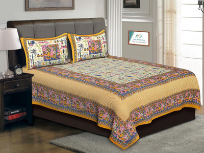 PALANG SHOBHA Cotton King Flat 400 TC Jaipuri Prints Bedsheet(Pack of 1, Yellow)