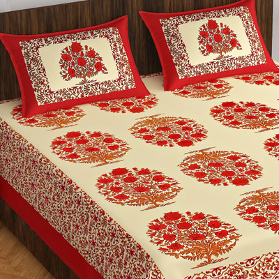 Home@shop Cotton Double Flat 144 TC Jaipuri Prints Bedsheet(Pack of 1, Red)