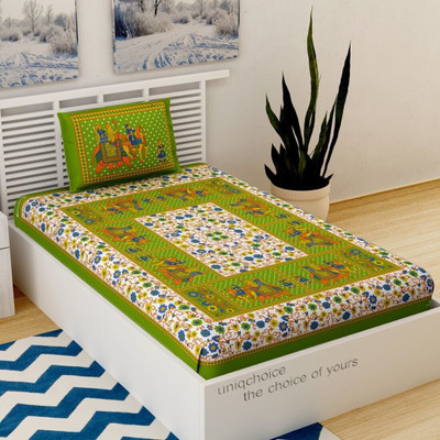 Unique Choice 220 TC Cotton Single Self Design Flat Bedsheet(Pack of 1, Green)