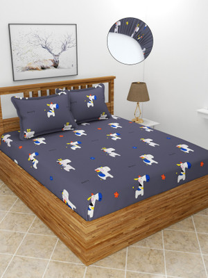 MORADO 210 TC Polycotton Double Printed Fitted (Elastic) Bedsheet(Pack of 1, Dark Blue)