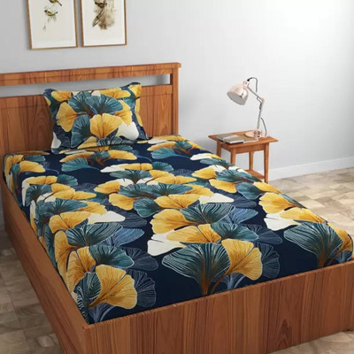 FINBIN 240 TC Microfiber Single Printed Fitted (Elastic) Bedsheet(Pack of 1, Blue)