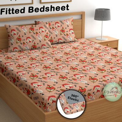CG Homes Cotton Double Fitted (Elastic) 200 TC Floral Bedsheet(Pack of 1, Peach)