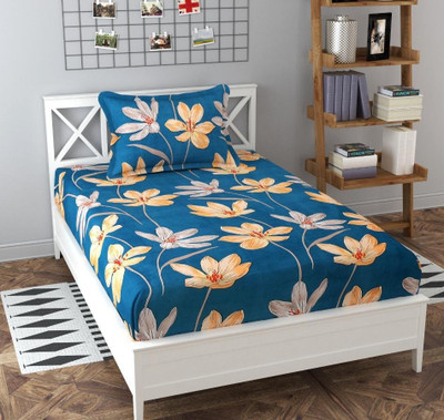 TOZO SHINE 210 TC Cotton Single Printed Flat Bedsheet(Pack of 1, BLUE BEIGE)