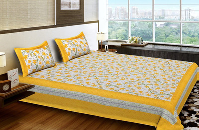 KANDY SHOP Cotton Queen Flat 220 TC Jaipuri Prints Bedsheet(Pack of 1, Yellow)