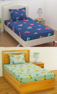 Decent Home Cotton Single Flat 240 TC Printed Bedsheet(Pack of 2, Blue, Green)
