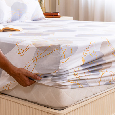 HOMEMONDE 210 TC Cotton Single Printed Fitted (Elastic) Bedsheet(Pack of 1, Spheres of Serenity)