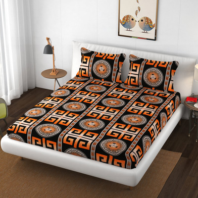 The Little Big Store Cotton King Fitted (Elastic) 210 TC Printed Bedsheet(Pack of 1, Black-Orange)