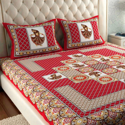 Leo Creation Cotton Double Flat 144 TC Jaipuri Prints Bedsheet(Pack of 1, Red, Beige, Black, Brown, Light Brown)