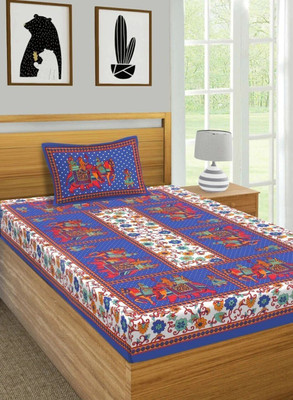 BharatLinen Cotton Single Flat 144 TC Animal Bedsheet(Pack of 1, Blue)