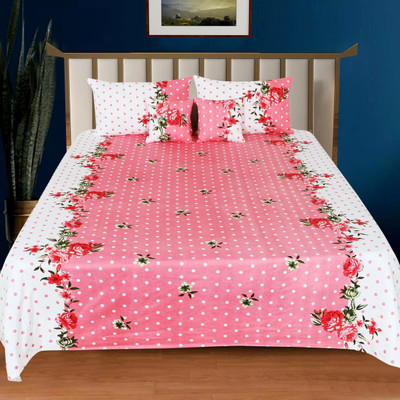 Decorum Cotton Double, King Flat 204 TC Printed Bedsheet(Pack of 1, White, Red)