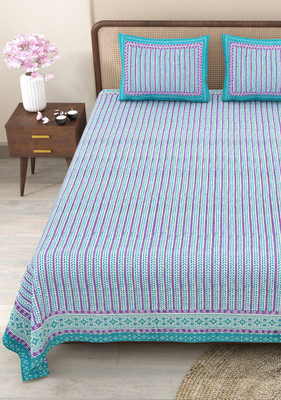 CLOTHOLOGY Cotton King Flat 240 TC Jaipuri Prints Bedsheet(Pack of 1, Sea Green, Purple, White)
