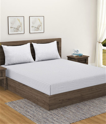 Home Sizzler 210 TC Microfiber Single Striped Flat Bedsheet(Pack of 1, White)
