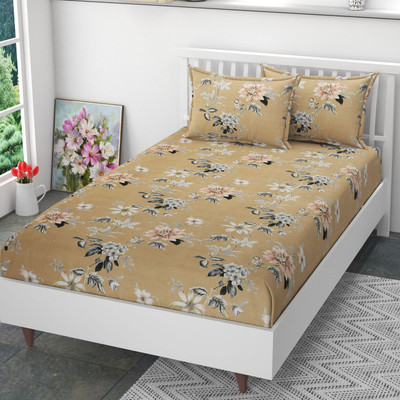 Mega Cart Home Polycotton Single Flat 200 TC Geometric Bedsheet(Pack of 1, Yellow Flower Printed)