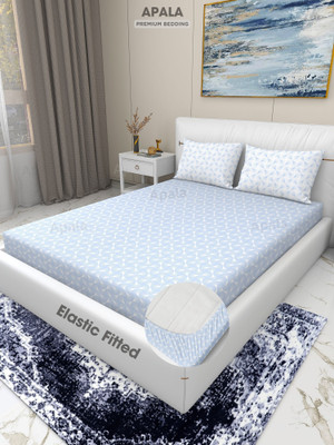 Apala 280 TC Microfiber Double, King Self Design Fitted (Elastic) Bedsheet(Pack of 1, Blue(White Print))