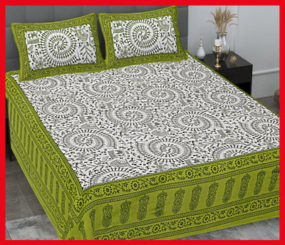 BedZone Cotton Double Flat 230 TC Jaipuri Prints Bedsheet(Pack of 1, Green)