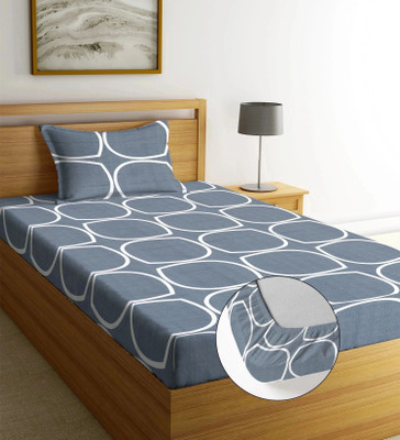 Moonroof Cotton Single Fitted (Elastic) 240 TC Printed Bedsheet(Pack of 1, Grey, White_Circle)