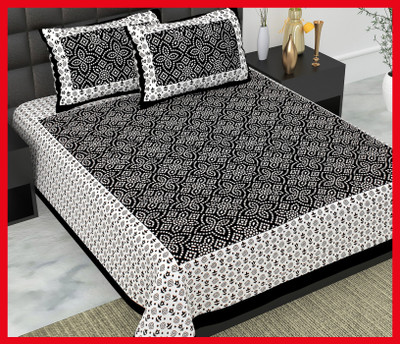 BedZone Cotton Double Flat 240 TC Jaipuri Prints Bedsheet(Pack of 1, Black)
