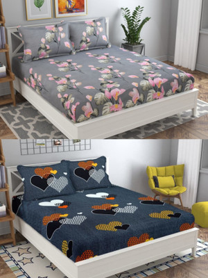 VORDVIGO 220 TC Cotton Queen Abstract Fitted (Elastic) Bedsheet(Pack of 2, Multicolor)