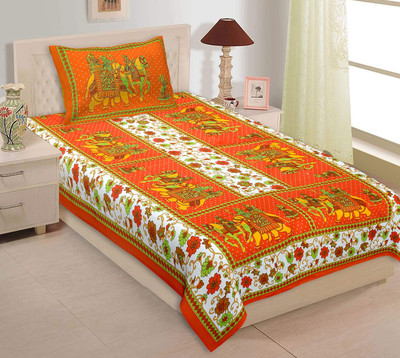VNV Creation 180 TC Cotton Single Jaipuri Prints Flat Bedsheet(Pack of 1, Orange)