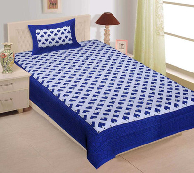 Xara Cotton Single Flat 144 TC Jaipuri Prints Bedsheet(Pack of 1, Blue)
