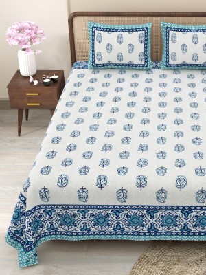 CLOTHOLOGY 240 TC Cotton King Jaipuri Prints Flat Bedsheet(Pack of 1, Blue)