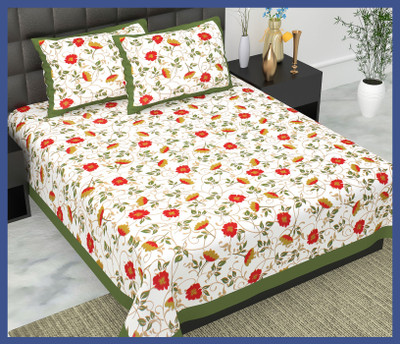 BedZone Cotton Double Flat 240 TC Jaipuri Prints Bedsheet(Pack of 1, Green)