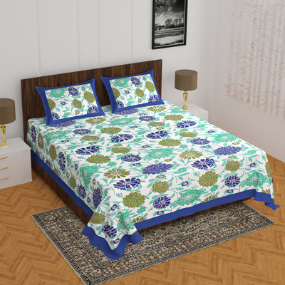 Home@shop Cotton Double Flat 144 TC Floral Bedsheet(Pack of 1, Blue)