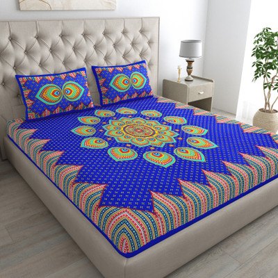 KOUNDAL Cotton Double Flat 144 TC Jaipuri Prints Bedsheet(Pack of 1, Blue)