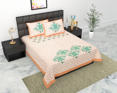 Navkar Creation 104 TC Cotton Double Jaipuri Prints Flat Bedsheet(Pack of 1, Orange)