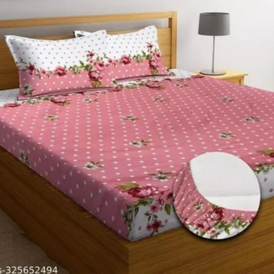 CREATURE Cotton Double Fitted (Elastic) 144 TC Printed Bedsheet(Pack of 1, Pink Doot Safariz Fitted 180)