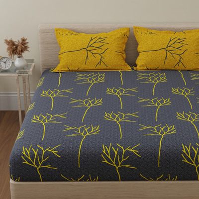 Huesland Cotton Double Flat 144 TC Floral Bedsheet(Pack of 1, Grey and Yellow)