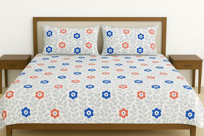 OBEROI HANDLOOM Cotton Queen Flat 250 TC Floral Bedsheet(Pack of 1, White)