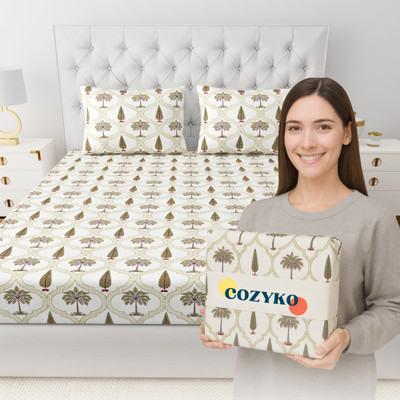 COZYKO 280 TC Cotton Super King Jaipuri Prints Flat Bedsheet(Pack of 1, Brown)