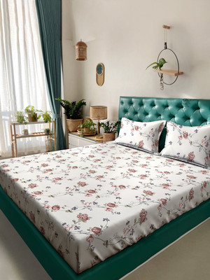 Klotthe Polycotton King Flat 300 TC Printed Bedsheet(Pack of 1, Beige)