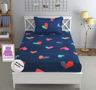 DECOMIZER 210 TC Cotton Single Printed Fitted (Elastic) Bedsheet(Pack of 1, Blue)