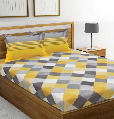 HouseOfCommon 151 TC Cotton Queen Checkered Flat Bedsheet(Pack of 1, Yellow Grey)