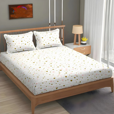 Vrapt 350 TC Cotton Double Geometric Fitted (Elastic) Bedsheet(Pack of 1, White, Heart)