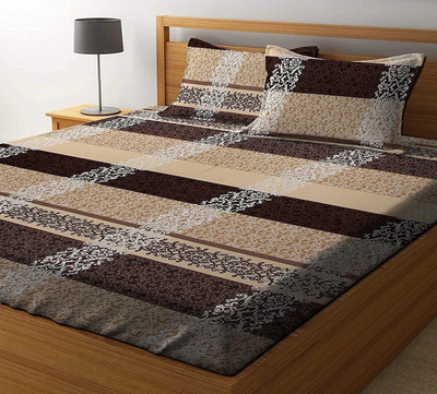 BEVI 300 TC Microfiber Double Printed Fitted (Elastic) Bedsheet(Pack of 1, Beige)