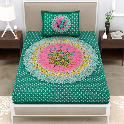 Cosito Cotton Single Flat 144 TC Jaipuri Prints Bedsheet(Pack of 1, Green)