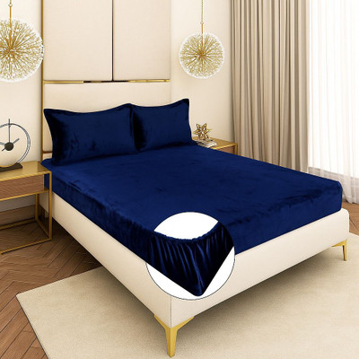 RIBUGROUP Velvet Double Fitted (Elastic) 210 TC Solid Bedsheet(Pack of 1, Blue)