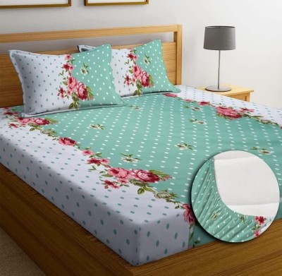 Decent Home 240 TC Cotton Double Floral Fitted (Elastic) Bedsheet(Pack of 1, Green)