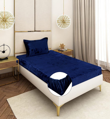 BM Decor Velvet Single Fitted (Elastic) 300 TC Solid Bedsheet(Pack of 1, Royal Blue)